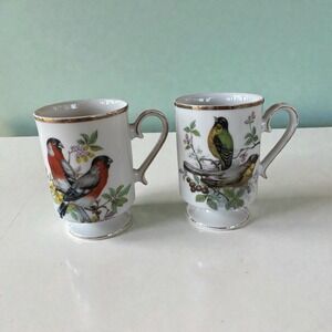 Bird Coffee Tea Cups Mugs Royal Crown Porcelain Footed Pedestal Cottagecore